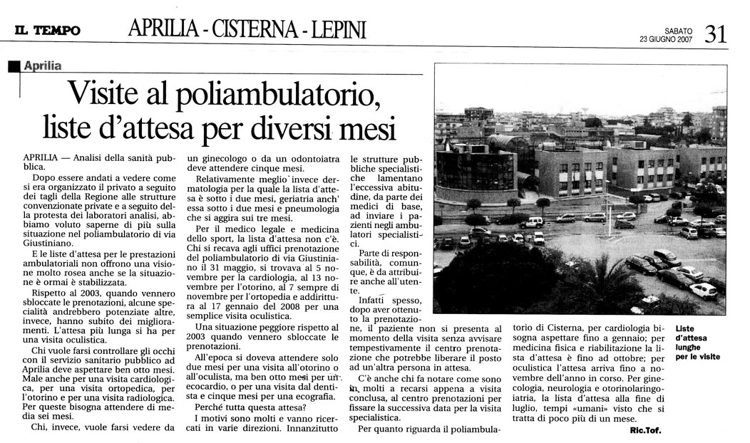 Il Tempo 23.06.2007 Rassegna stampa sanita' provincia Latina Ordine Medici Latina