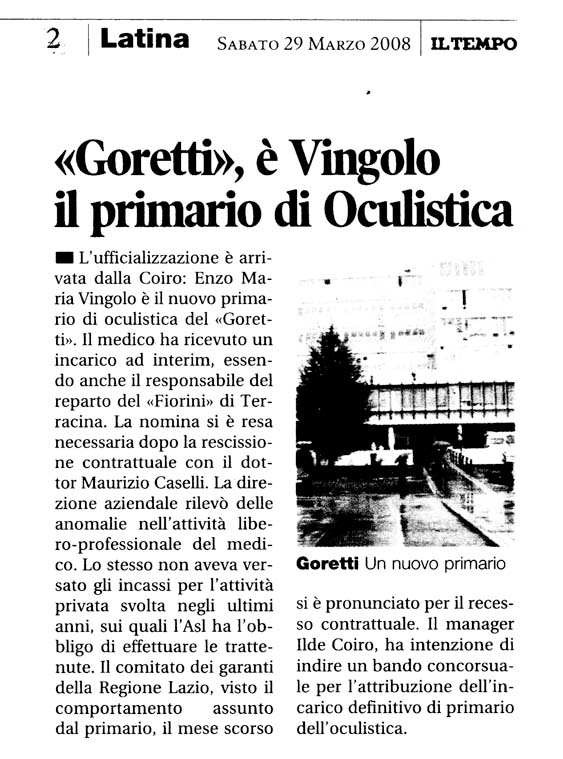 Il Tempo 29.03.2008 Rassegna stampa sanita' provincia Latina Ordine Medici Latina