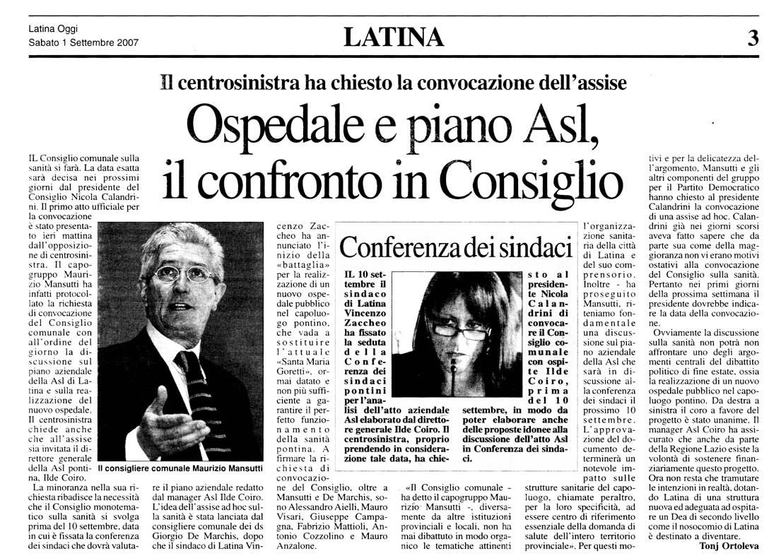 Latina Oggi 01.09.2007 Rassegna stampa sanita' provincia Latina Ordine Medici Latina