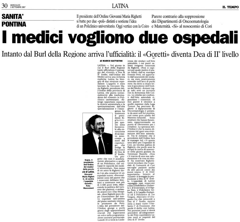 Il Tempo 05.09.2007 Rassegna stampa sanita' provincia Latina Ordine Medici Latina