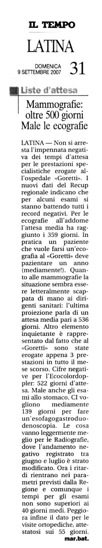 Il Tempo 09.09.2007 Rassegna stampa sanita' provincia Latina Ordine Medici Latina