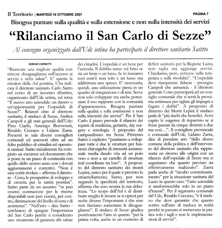 Il Territorio 16.10.2007 Rassegna stampa sanita' provincia Latina Ordine Medici Latina